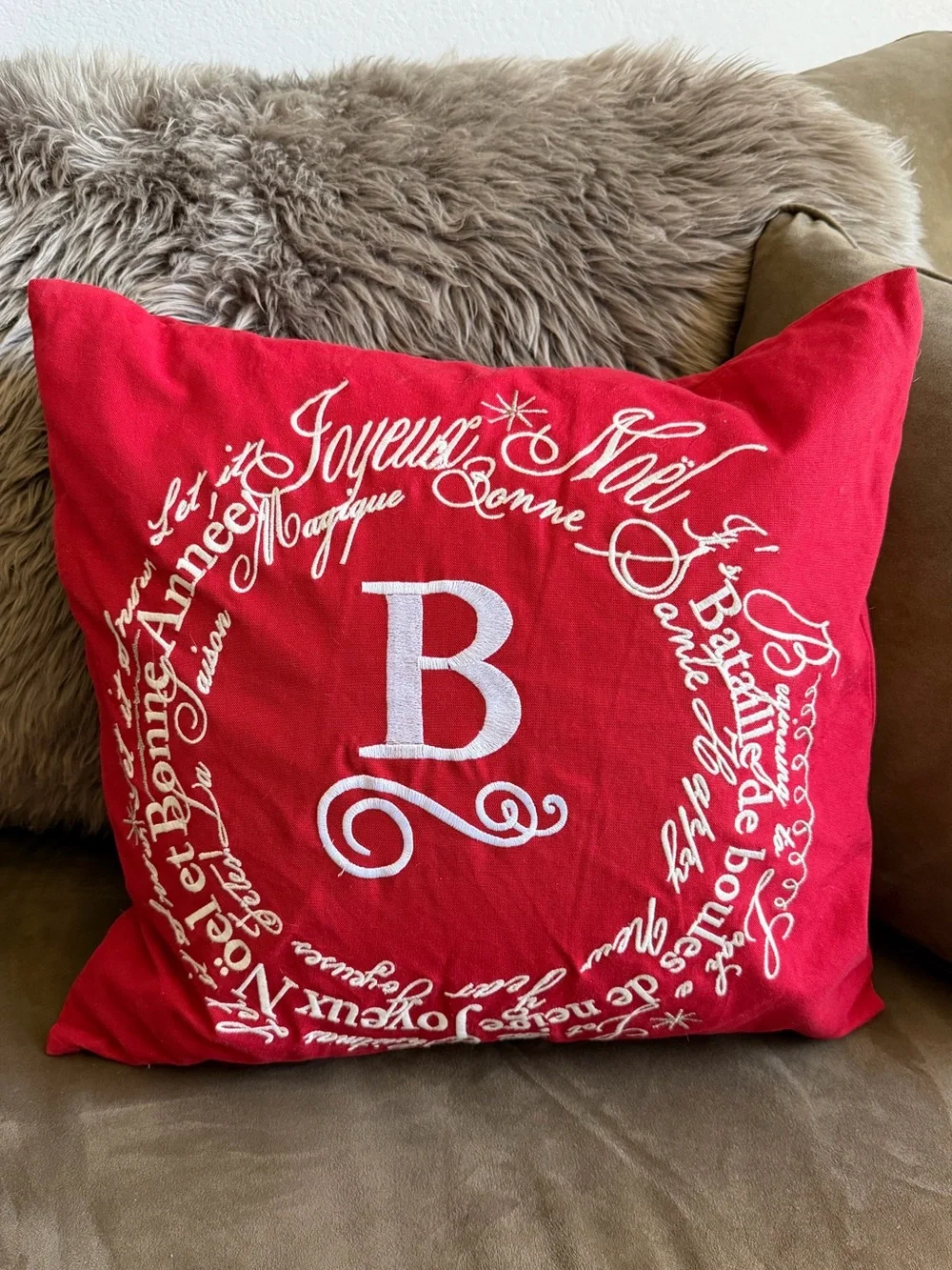 Pottery Barn Red White B Monogram Multi Language Merry Christmas Pillow Cover